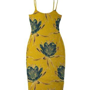 Yellow Floral Print Ribbed Spaghetti Strap Dress (M)